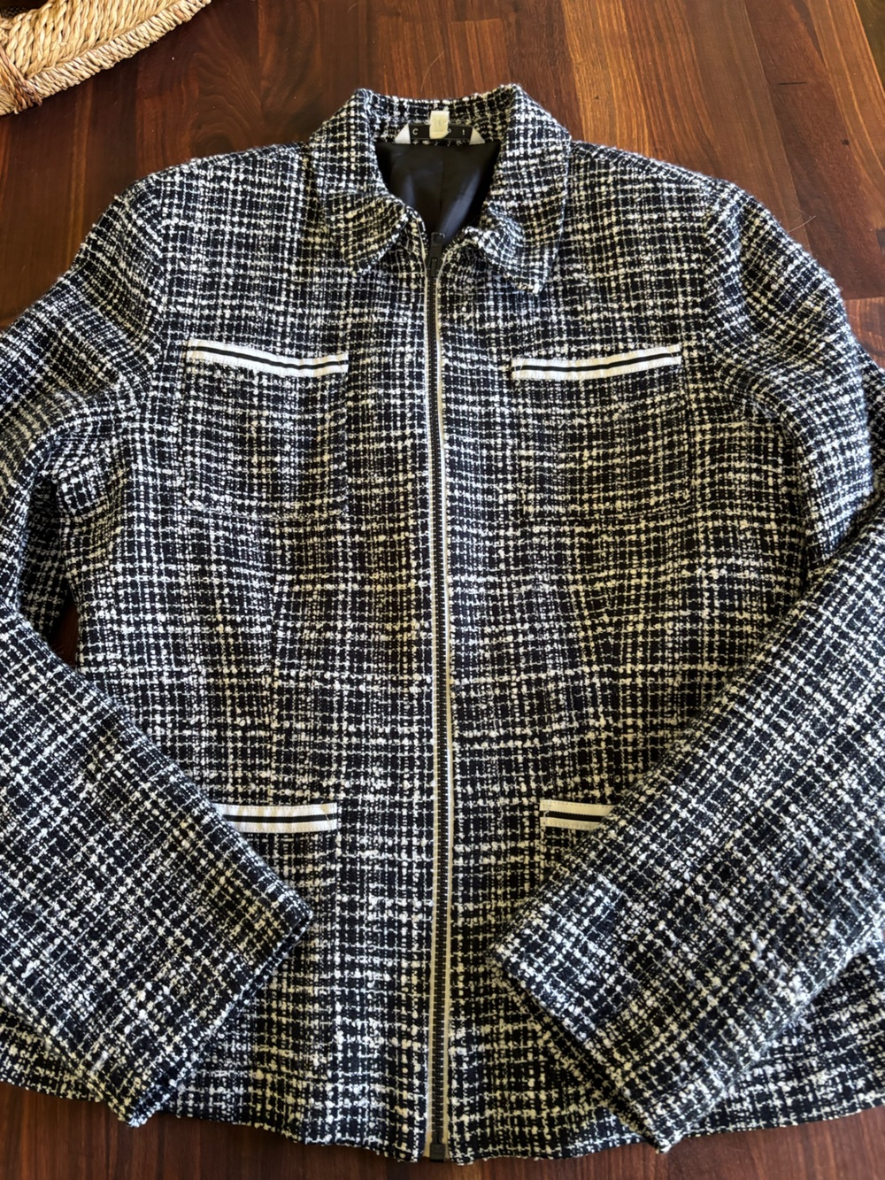 Cabi style 110 Classic Black & White Tweed Zip-Front Jacket